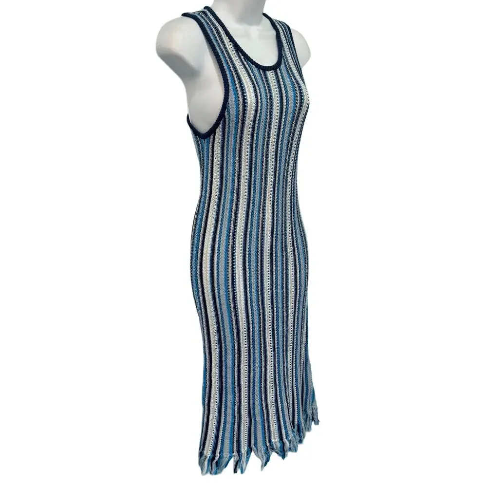 White + Warren Blue White Stripe Mercerized Cotton Fringe Midi Dress XS NEW Tags